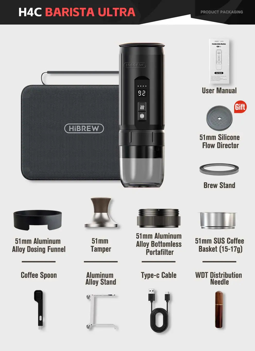 HiBREW H4C Barista Ultra portable espresso maker with 51mm aluminum accessories, carrying case, and manual.