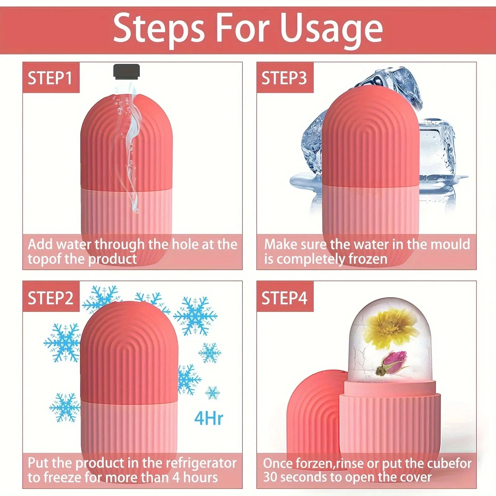 Four-step infographic showing how to fill, freeze, and use a pink, ribbed silicone facial ice roller mold.
