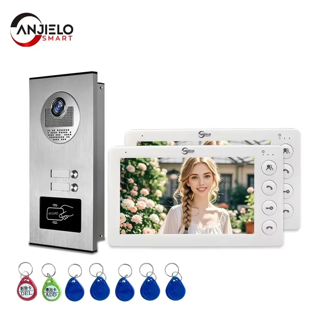 Video door intercom set with stainless door panel, three white monitors, RFID key fobs