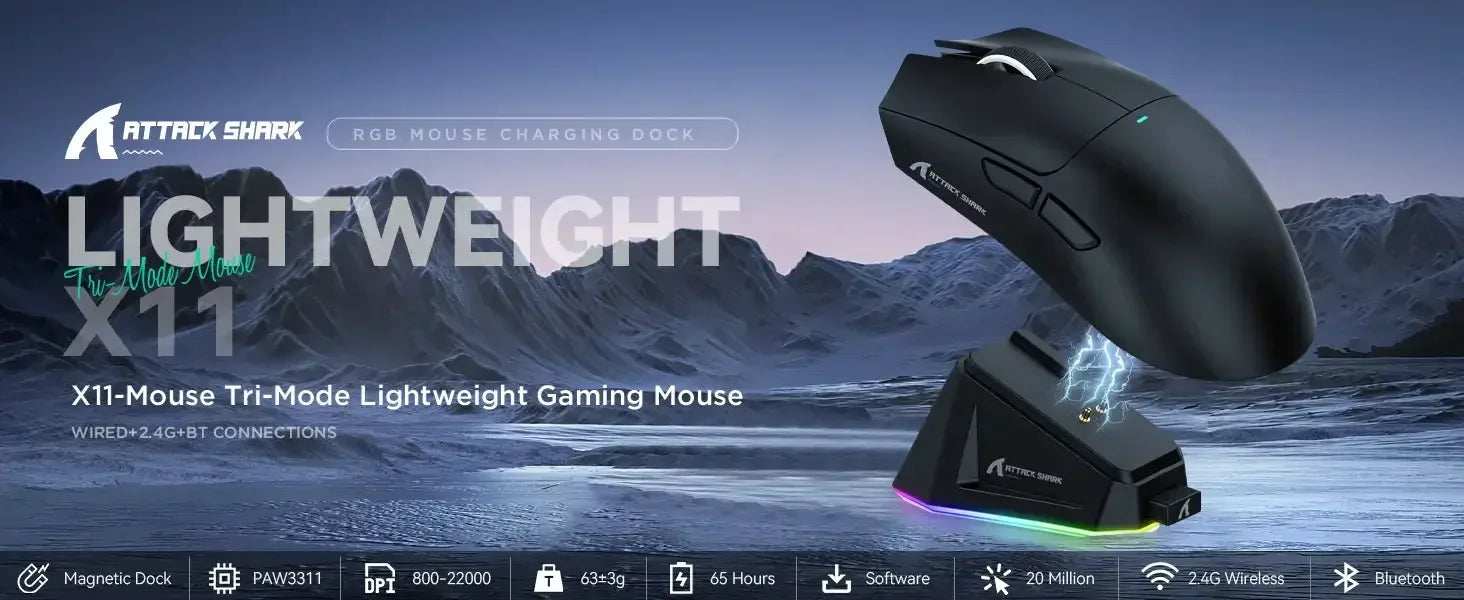 Hot Sale ATTACK SHARK X11 Wireless Gamer Mouse with Charging Dock PixArt PAW3311 Gaming Sensor 22000 DPI, BT/2.4G Wireless Mouse