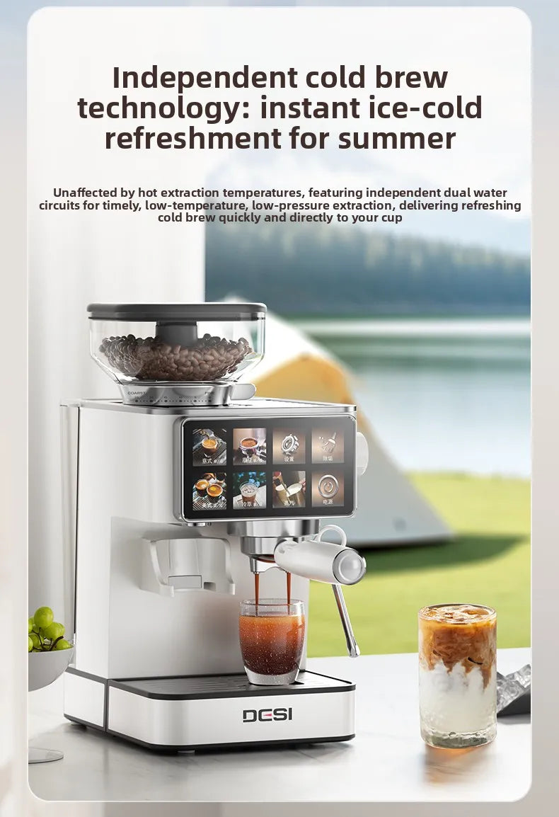 DESI white automatic espresso and cold brew coffee machine with integrated grinder and touchscreen display.