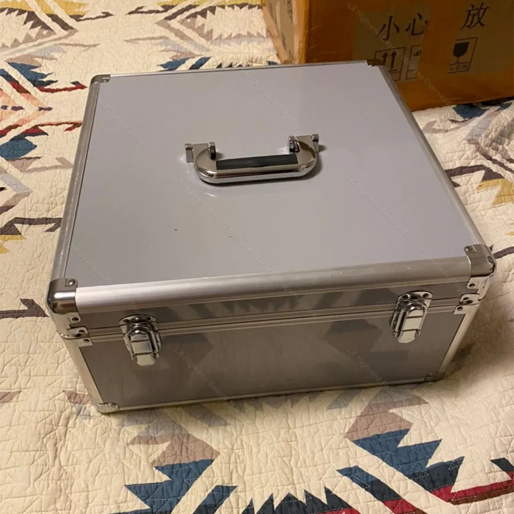 Portable aluminum carrying case for Morpheus 8 RF microneedle skin tightening and anti-wrinkle beauty machine.