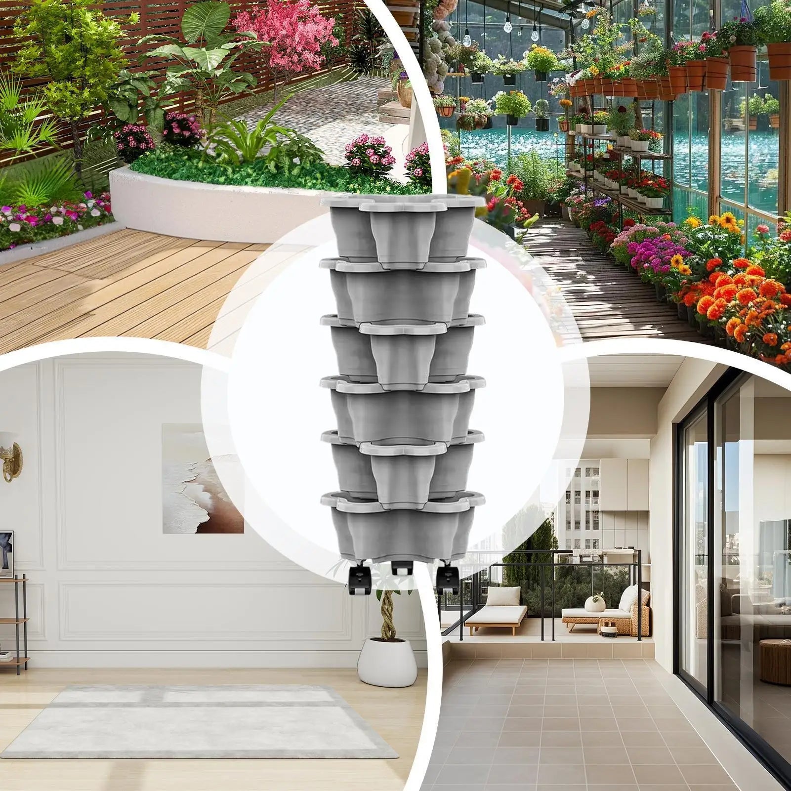 Stackable Vertical Planter 4/5/6-Tier with Wheels Weatherproof Plastic Flower Pot Garden Towers for Vegetable Strawberry Planter