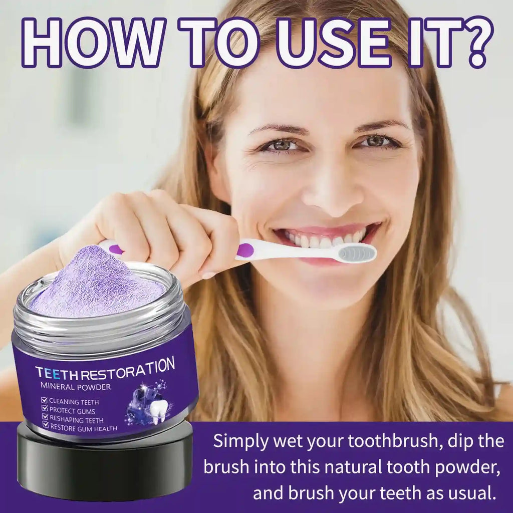 Tidesmit purple mineral tooth powder for enamel-safe teeth whitening, tartar removal, and oral health care.