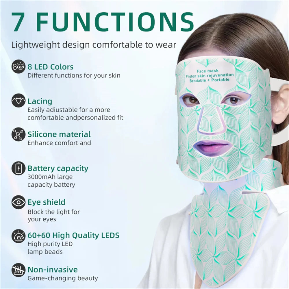 8-color LED face and neck mask for anti-aging, wrinkle, and acne therapy with adjustable silicone design.