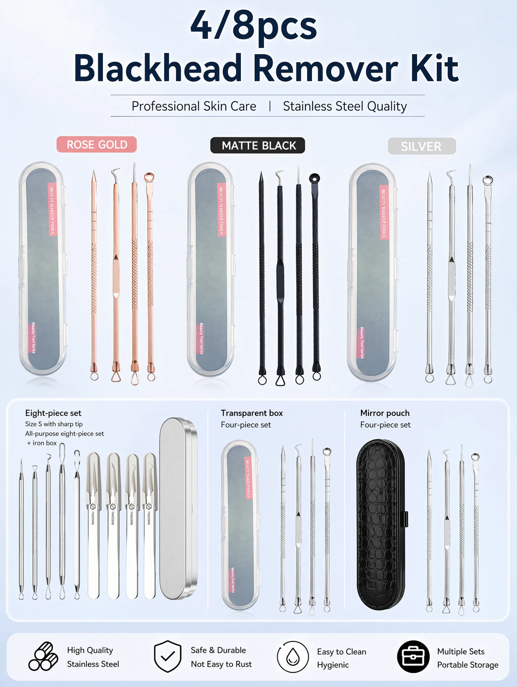 Stainless Steel Acne Needle Set of 8 Pieces, High-Density Blackhead Tweezers, Professional Acne Extraction Needles, Tool for Removing Closed Comedones, Portable Storage Set for Home and Beauty Salon Use