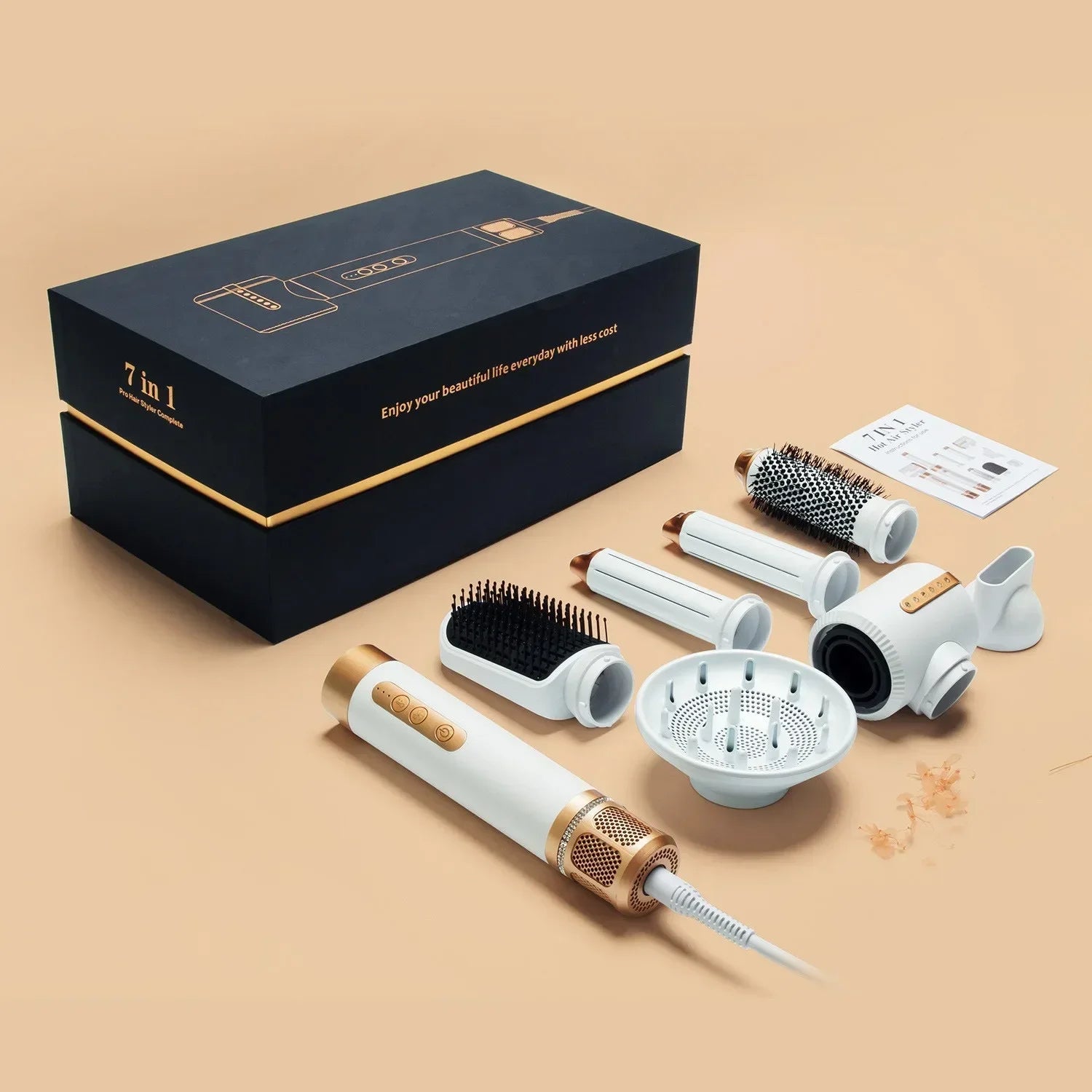 7-in-1 professional hair dryer and hot air styler set in white and gold with curling iron and brush attachments.