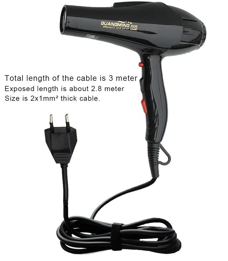 Professional 2100W black hair dryer for salons, featuring a 3m long cable and EU plug for heavy-duty styling.