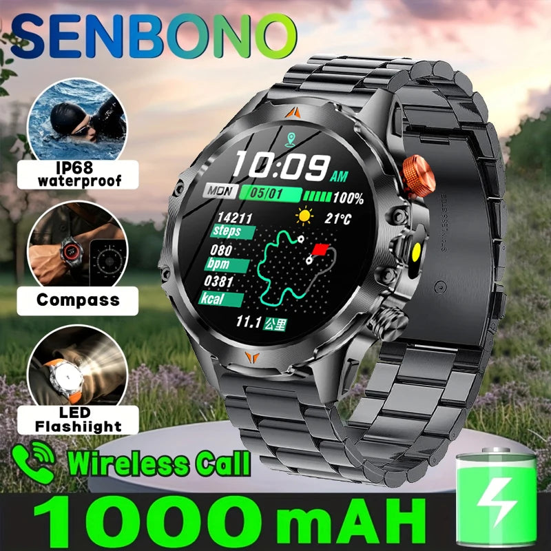 SENBONO Men's Smart Watch Amoled Display Bluetooth Call 1000mAh Compass Led Light IP68 Waterproof Sport Smartwatch For Men