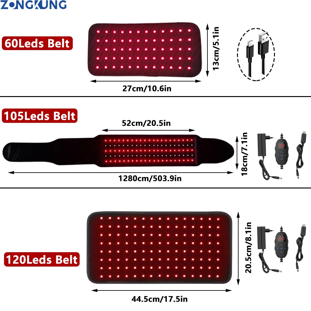 LED red light therapy belts with 60, 105, and 120 LEDs for infrared joint pain relief and body slimming with specs.