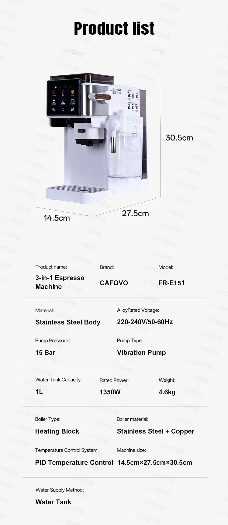 CAFOVO 3-in-1 espresso machine with 1L water tank, 15 bar pump, white stainless steel body and PID temperature control.