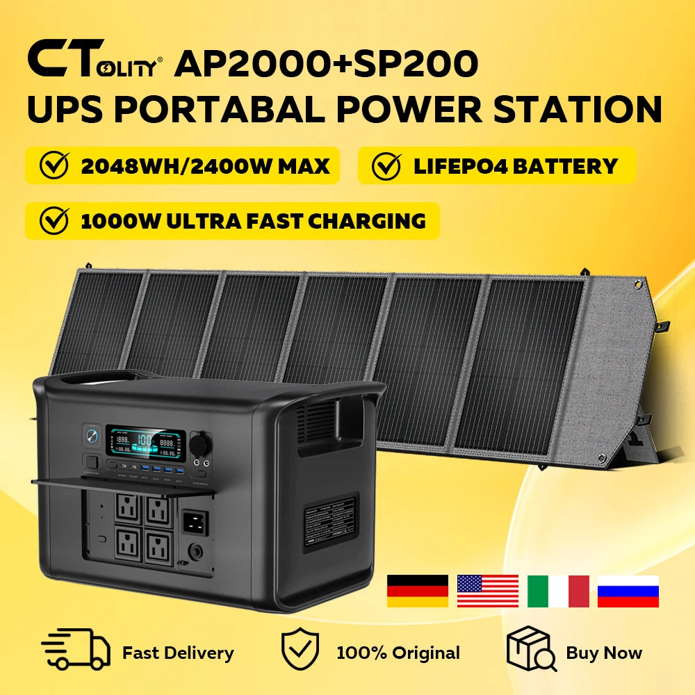 CTOLITY AP2000 2400W Portable Solar Generator Kit with Solar Panel 200W 2048Wh LiFePO4 Battery Power Station, AC Outlet, and Pure Sine Wave Emergency Power Supply for Camping Outdoor and RV Use