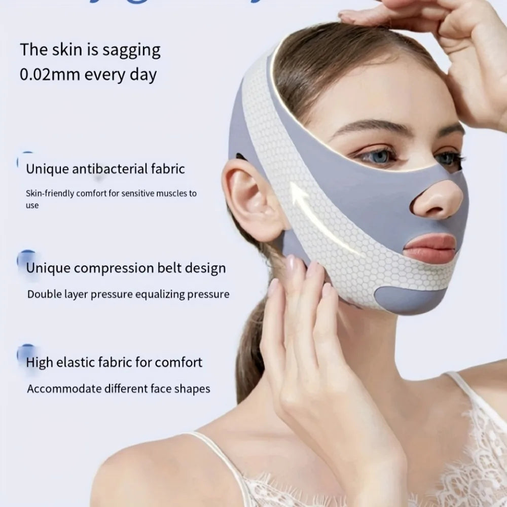 A woman wears a grey, breathable V-line face slimming bandage with a textured, elastic compression design.