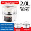 White 2L rice cooker with transparent chamber, touch panel, and drainable inner pot