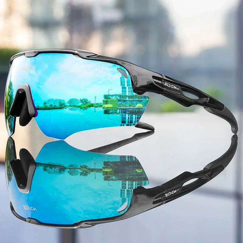 Cycling sunglasses with blue reflective lens and dark frame, wraparound design