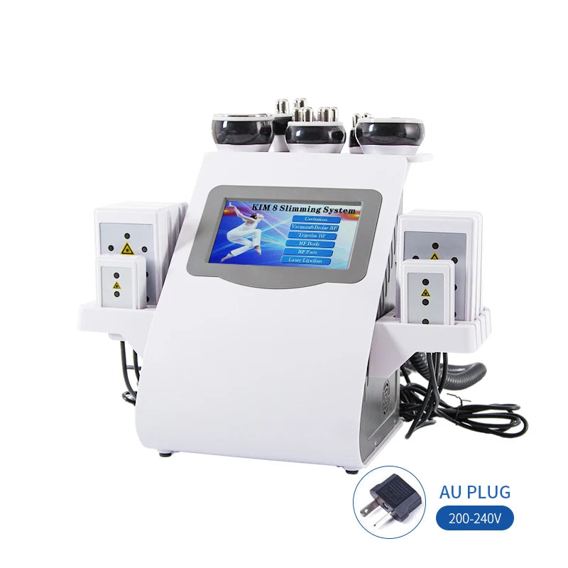 White 6-in-1 body slimming machine with an LCD touchscreen, multiple probe attachments, and an included AU power plug.