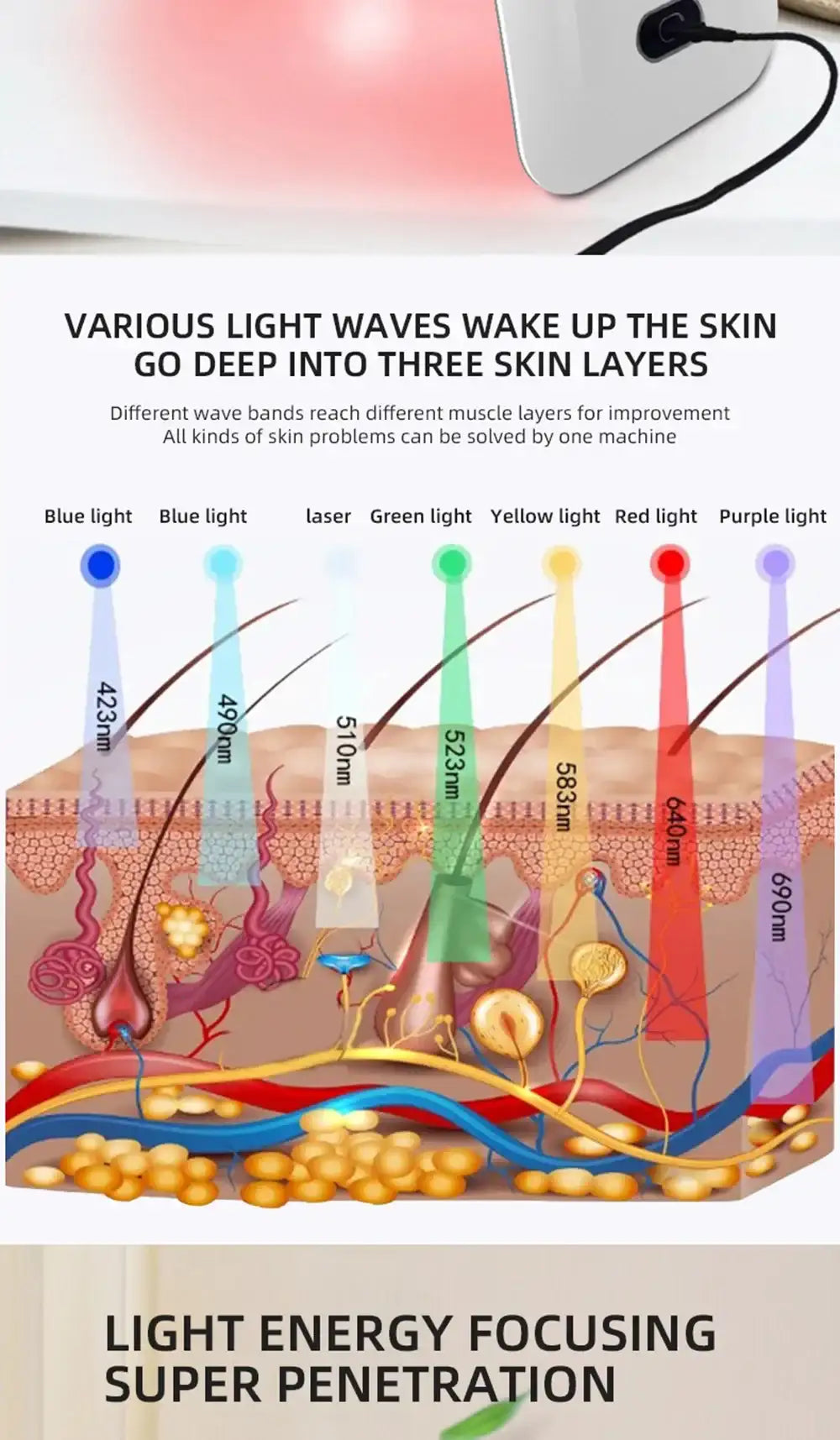 Diagram of 7 LED light therapy wavelengths penetrating human skin layers for rejuvenating skincare treatments.