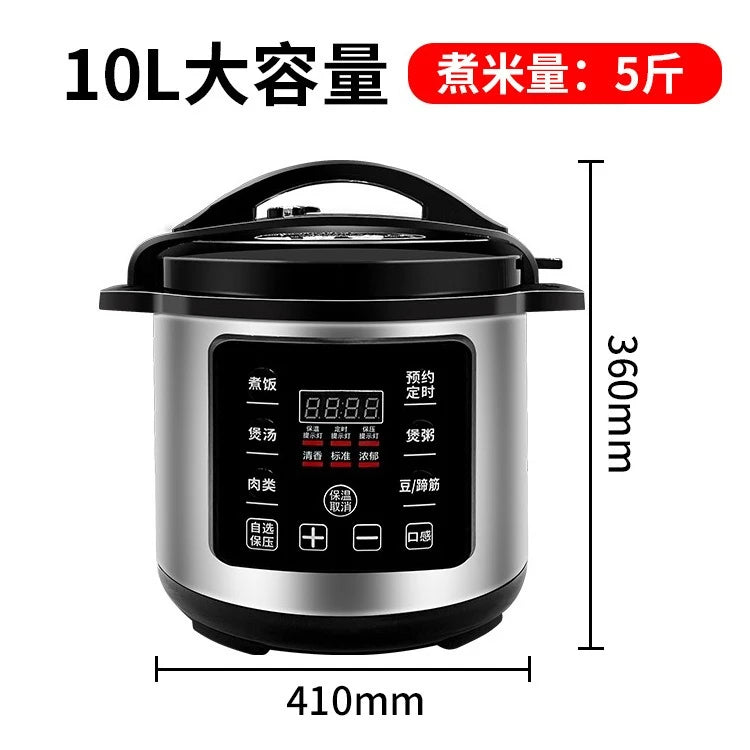 10L electric pressure cooker rice cooker with black lid and control panel, stainless body.