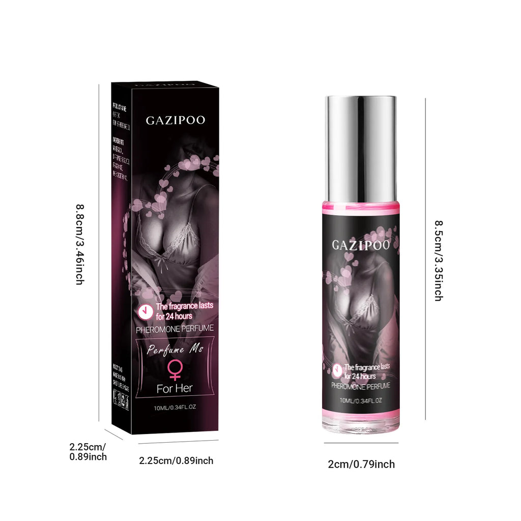 Gazipoo long-lasting pheromone perfume for women in a slim 10ml cylindrical glass spray bottle. Primal attraction scent.
