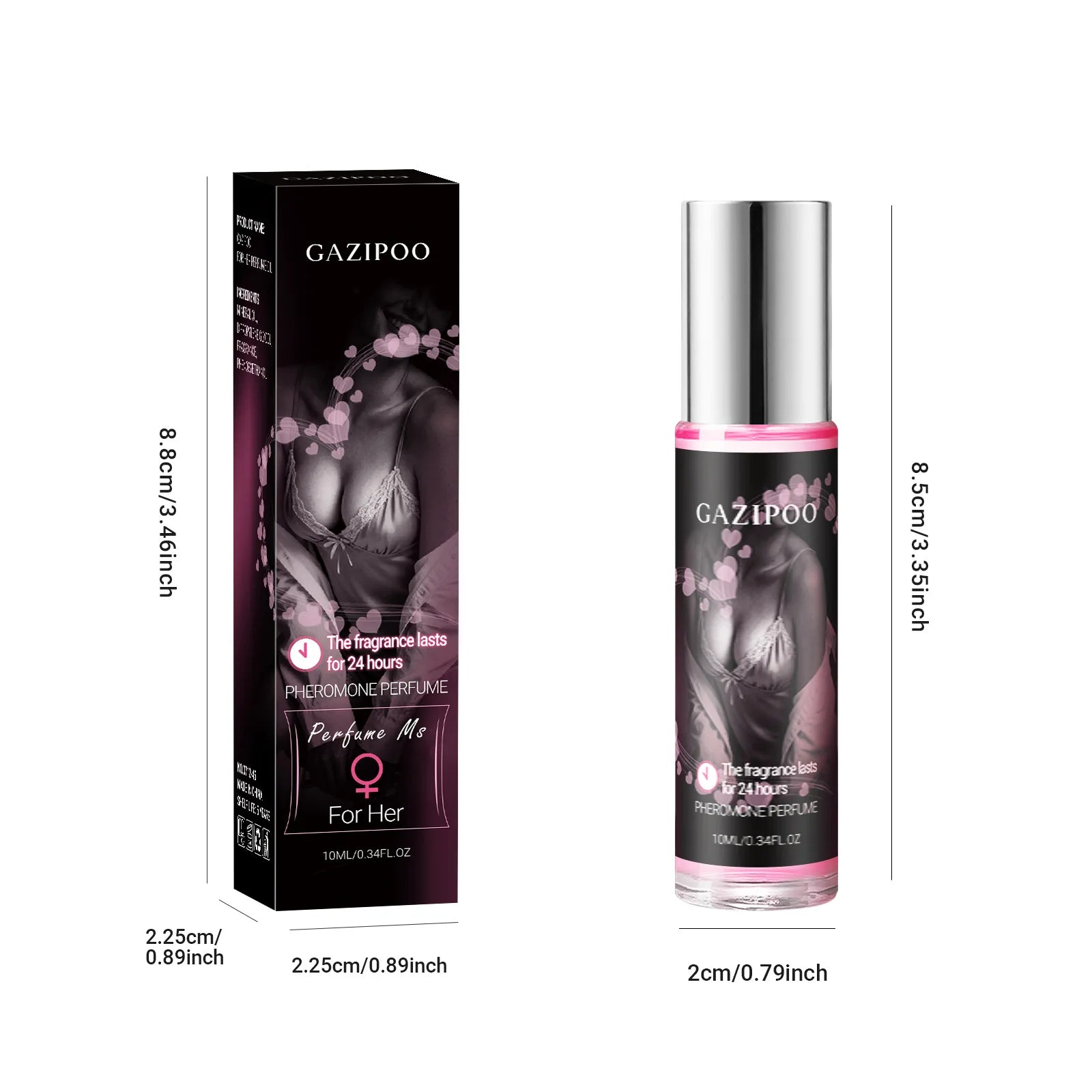 Gazipoo long-lasting pheromone perfume for women in a slim 10ml cylindrical glass spray bottle. Primal attraction scent.