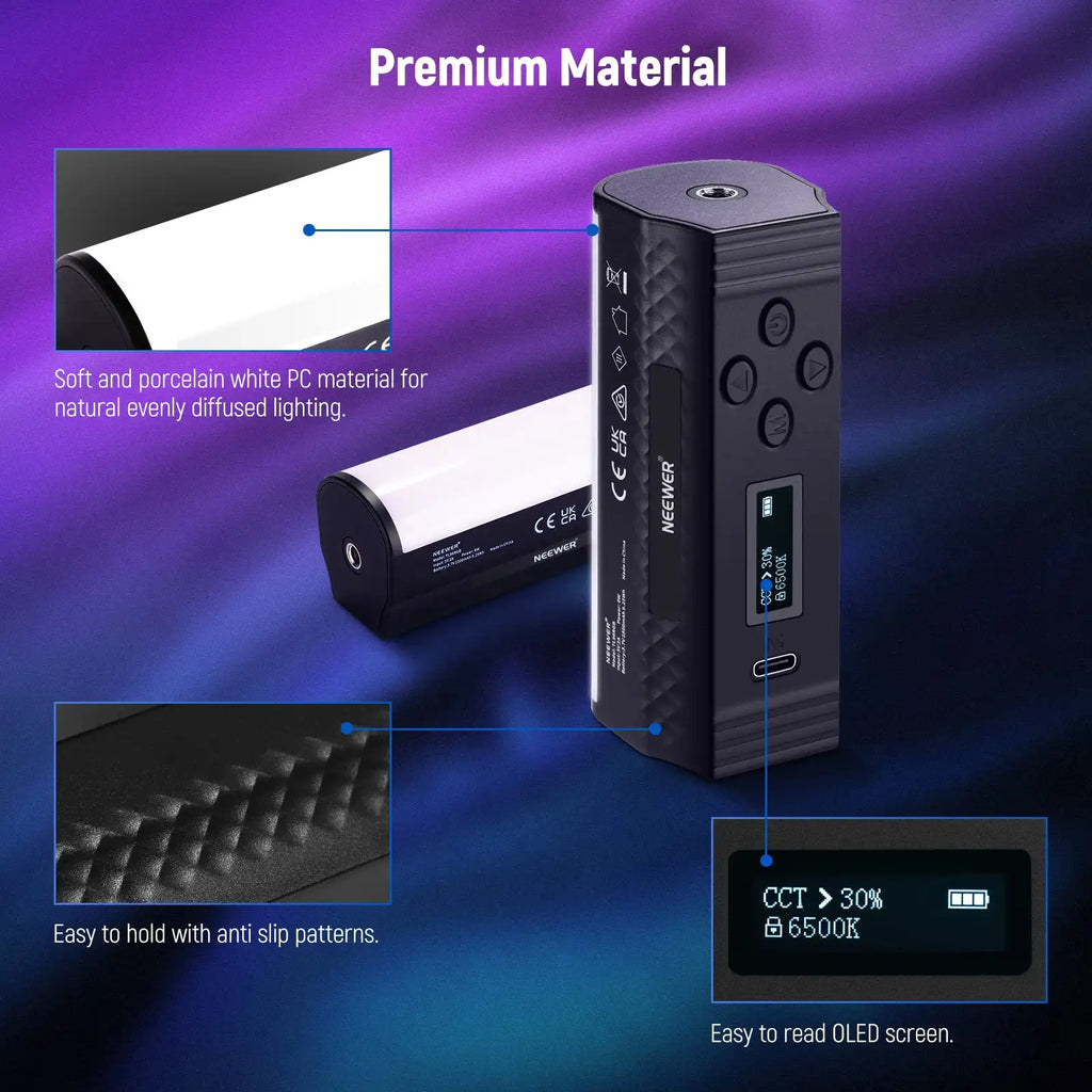 Portable LED light stick with black textured handle, white diffuser, control buttons, and OLED screen for photography.