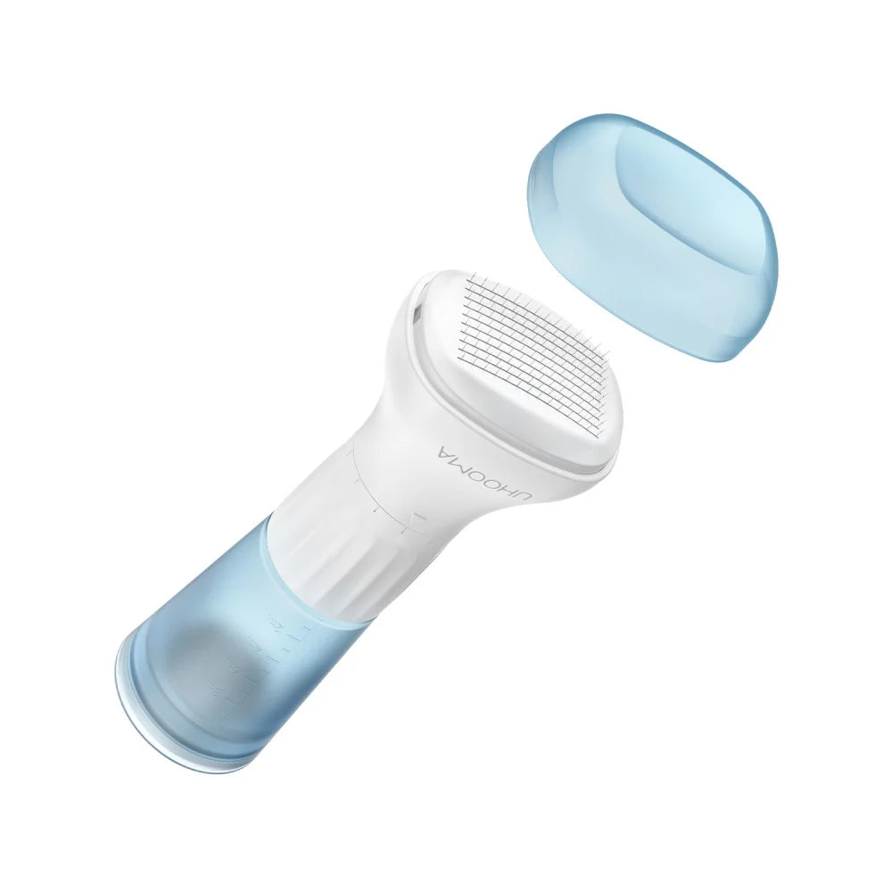 White 140-pin derma stamp tool with blue serum container and protective cap for hair regrowth and facial skincare.