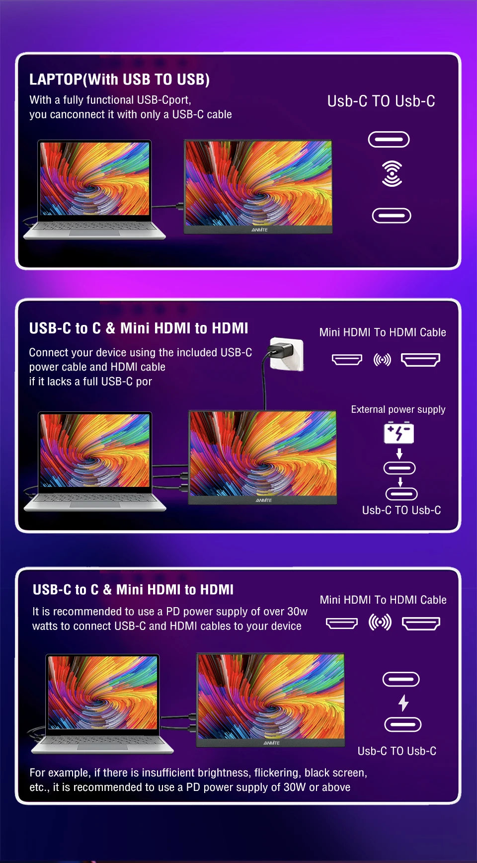 Anmite 18.5inch Portable Monitor 120Hz RGB100% With VESA Hole & Back bracket Laptop Extended Display ADS-IPS HDR Screen