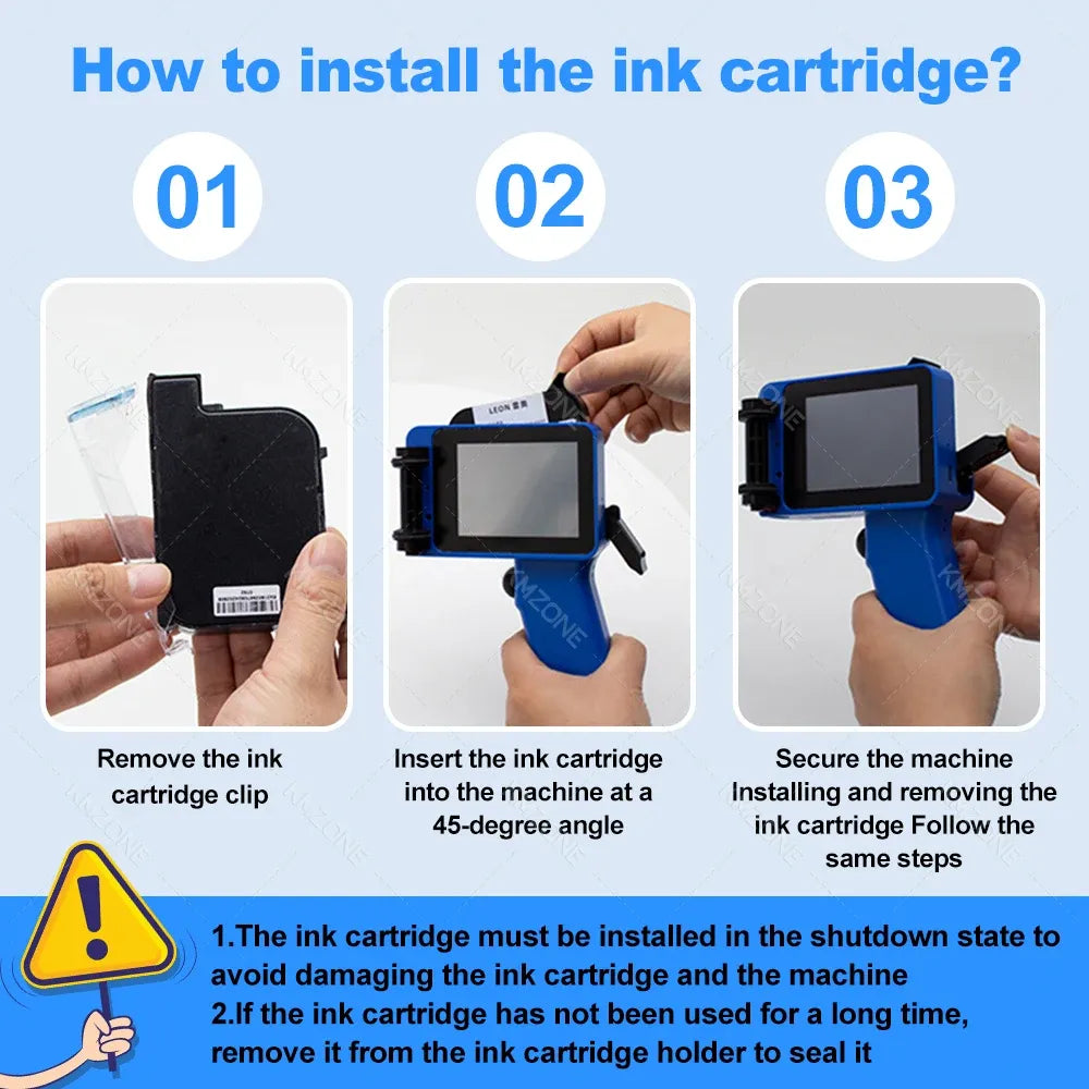 Mini handheld inkjet printer ink cartridge installation steps with device and cartridge