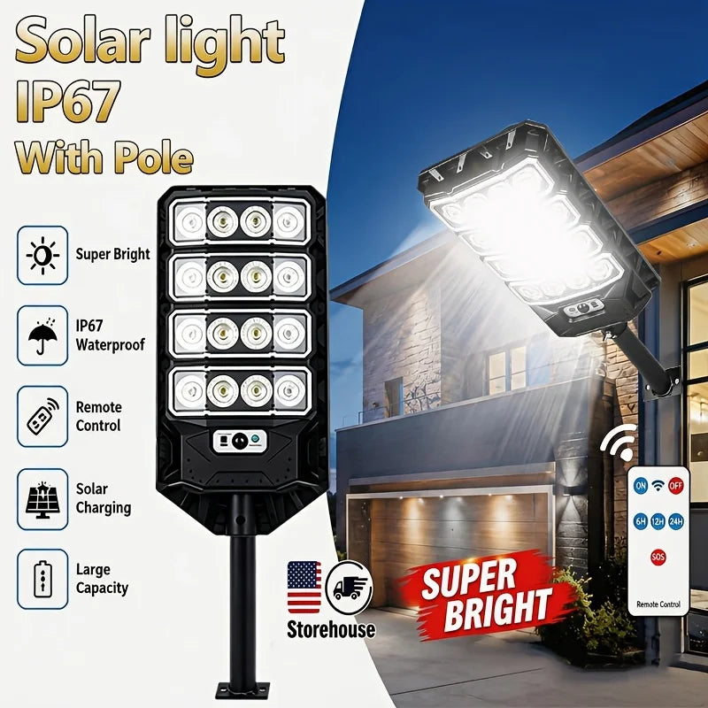 New Extra Large 1200 LED Solar Street Light, 5800Mah Battery. Solar-Powered, No Electricity Cost, IP65 Waterproof. PIR Motion Sensor Enables Auto Night Lighting. Serves As Searchlight, Security & Emergency Light. Great for Pa