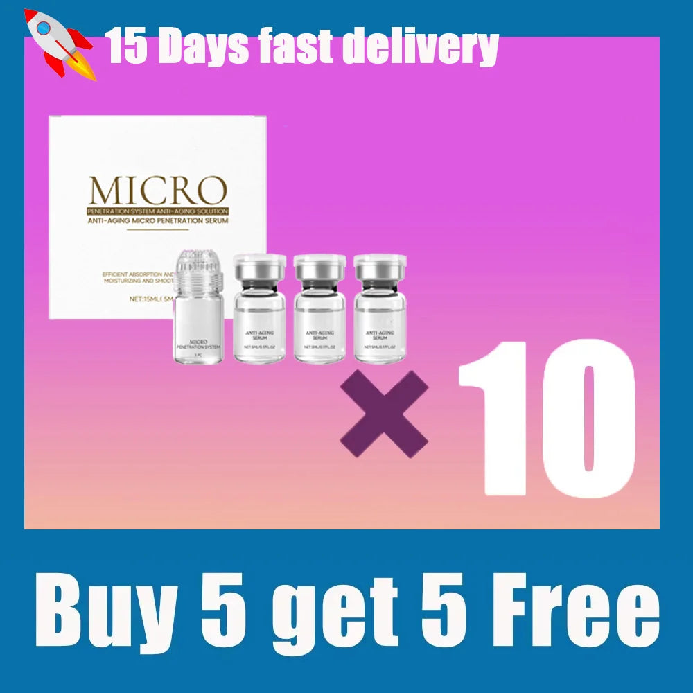 Micro Anti-Aging Essence 10-piece serum set, hydrating collagen face treatment in glass vials for firming skin care.