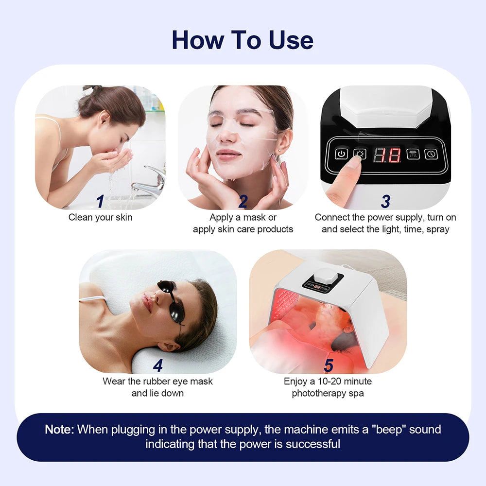 LED light therapy machine with digital control panel, black rubber eye mask, and red light for at-home facial treatment.