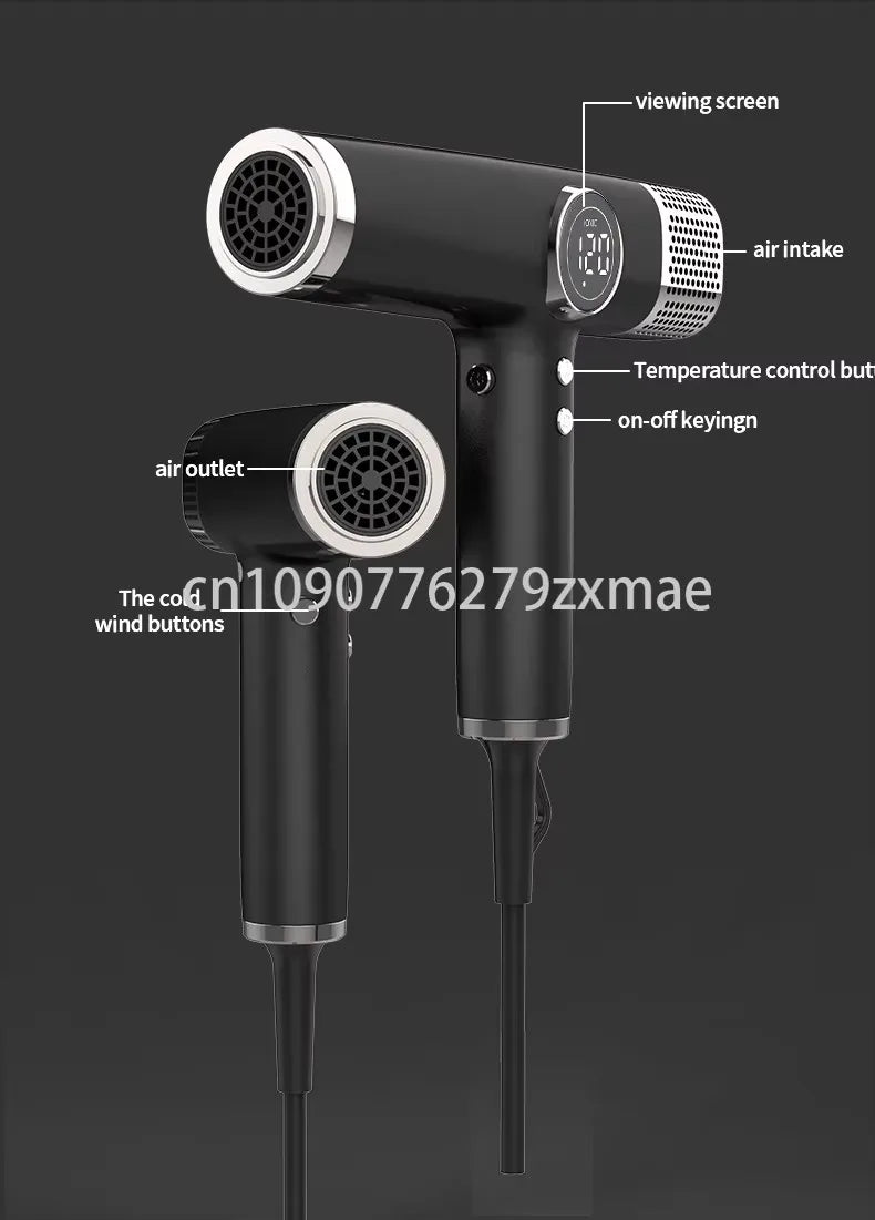 Black 1800W professional hair dryer with LCD screen, brushless motor, negative ion tech, and temperature controls.
