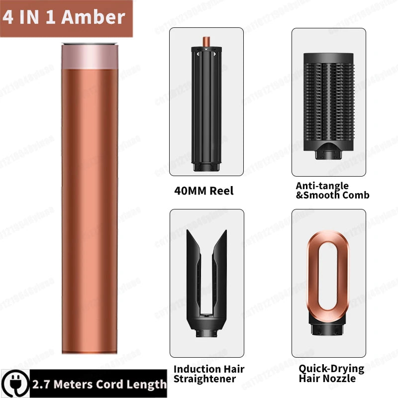 Amber 4-in-1 multi hair styler set with curling barrel, smoothing comb, straightener, and quick-dry nozzle.