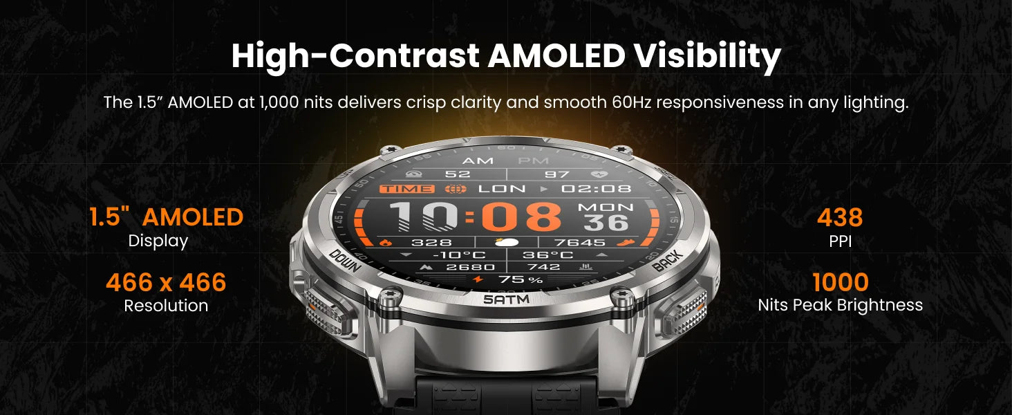 KOSPET TANK T4C Men's Military Smartwatch Rugged GPS Watch with Flashlight 5ATM Waterproof & All-Day Health Tracking