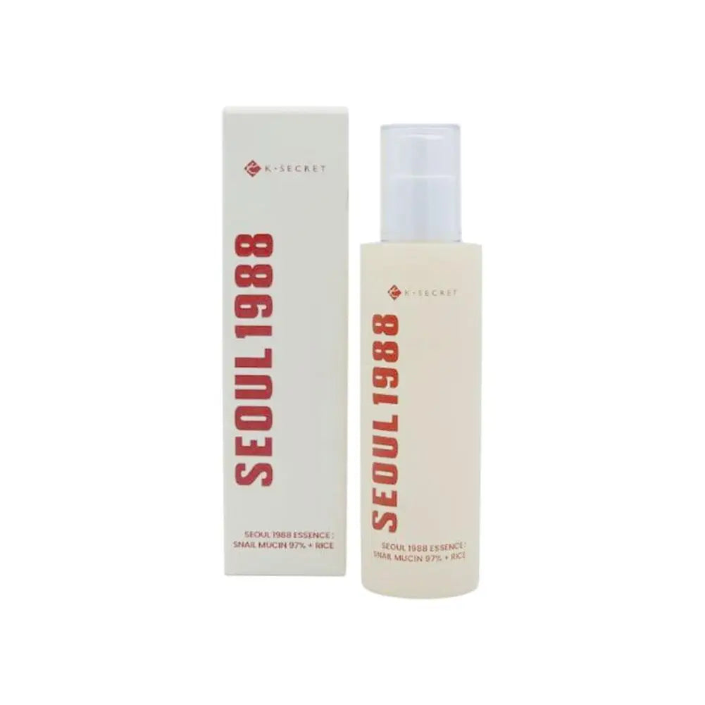 Seoul 1988 essence bottle and carton, light beige bottle with red 1988 print