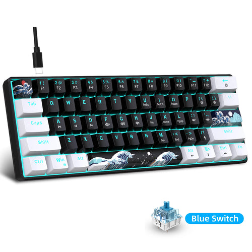 60% gaming keyboard with blue switches, black and white keys, Japanese-style wave art, and sea-blue backlighting.