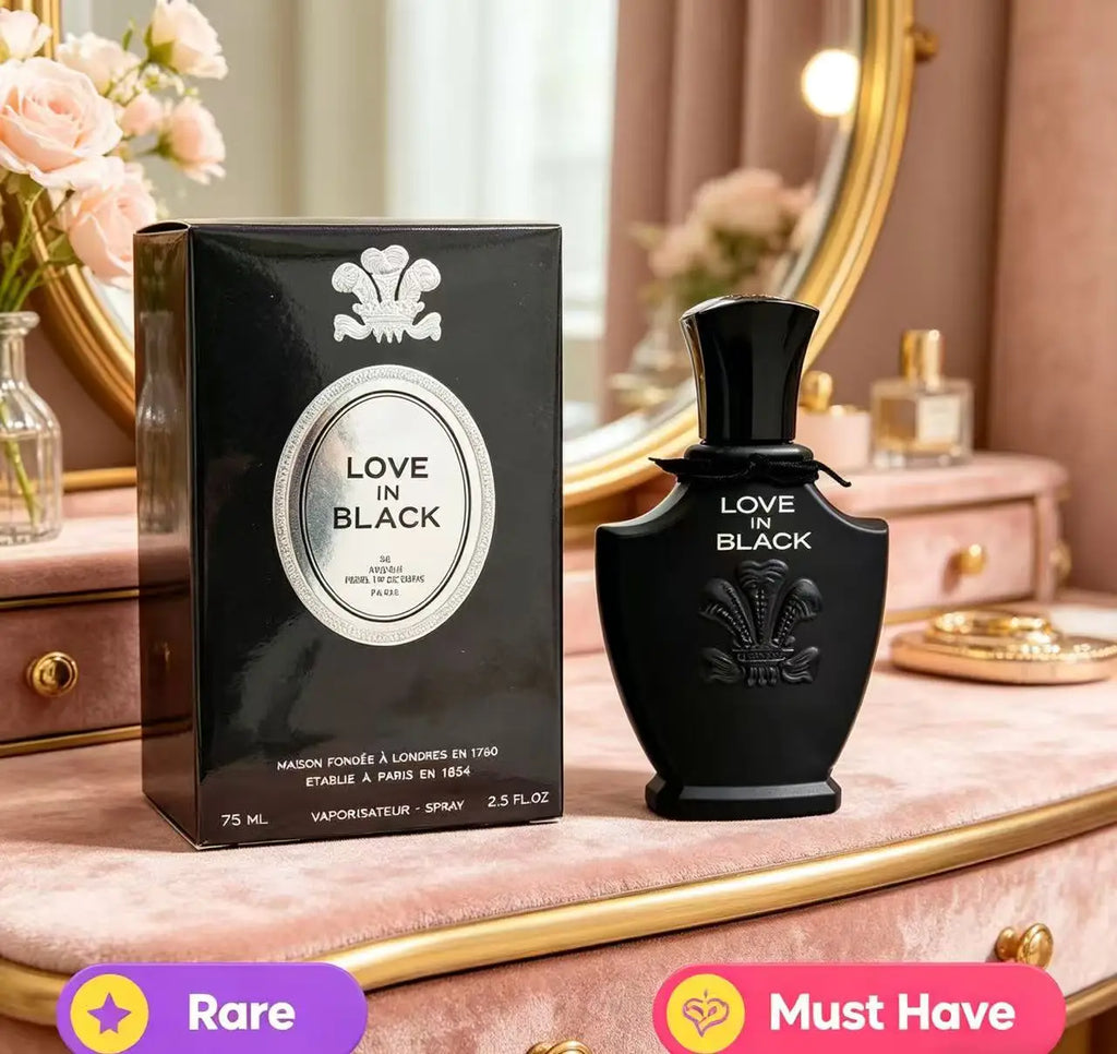 Creed Love in Black EDP perfume. Elegant black bottle, floral scent spray. Luxury unisex fragrance for women and men.