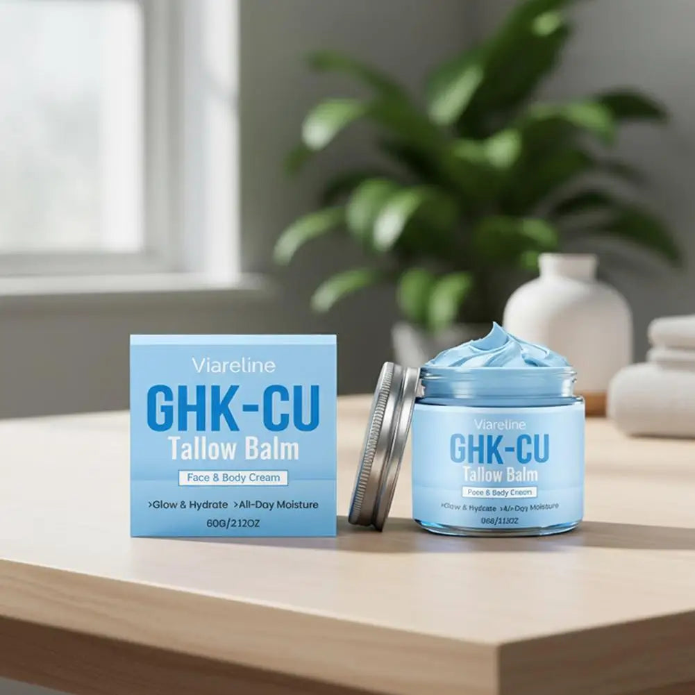 Natural GHK-CU Copper Peptide Tallow Balm Blue Cream - Brighten Hydrating Face & Body Moisturizer, for Dry Sensitive Mature Skin