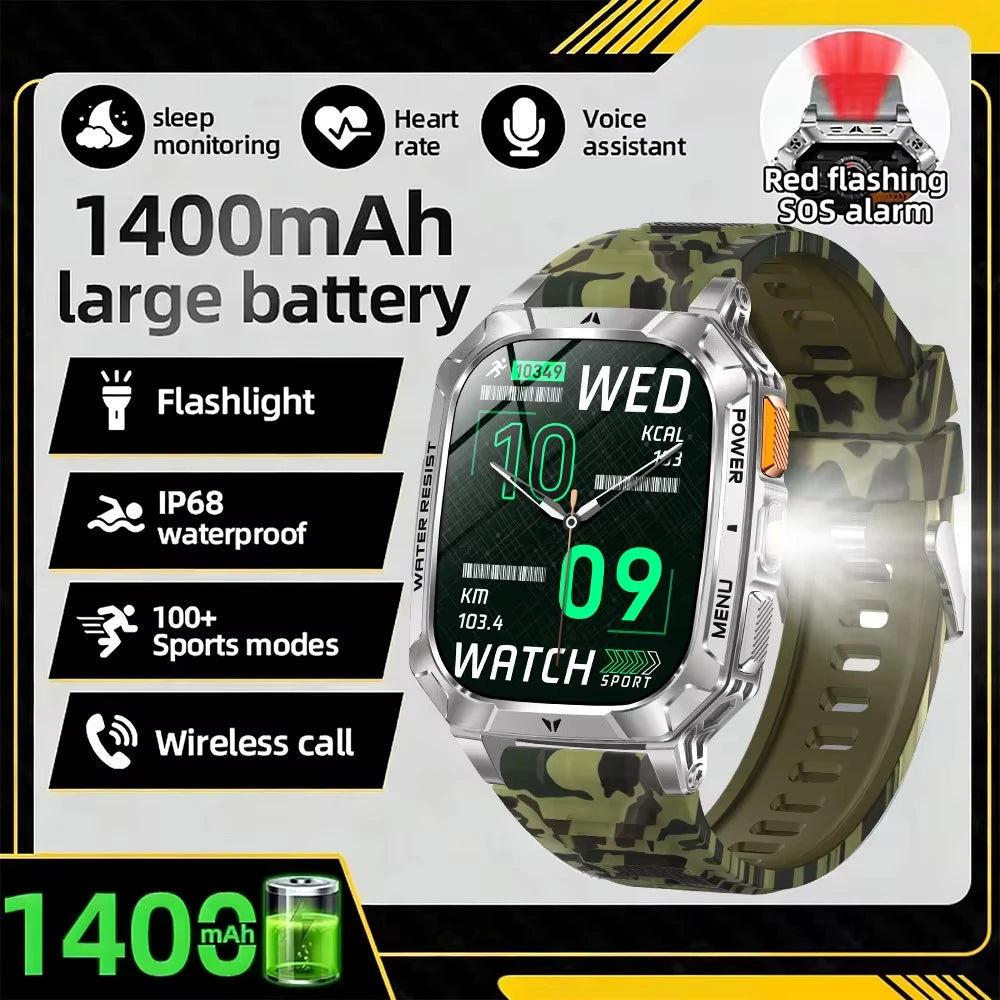 Green camouflage smartwatch with silver case and digital display