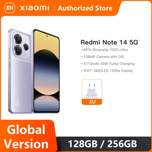 Purple Xiaomi Redmi Note 14 5G, 108MP camera, 120Hz AMOLED display, Dimensity 7025-Ultra, Global Version with EU plug.