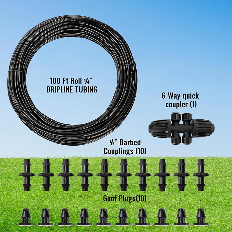 1/4" Irrigation Dripline Tubing 100Ft Roll 6" Emitter Spacing 0.5 GPH Emitters Built-In Drip Irrigation Line with 1/4" Fittings