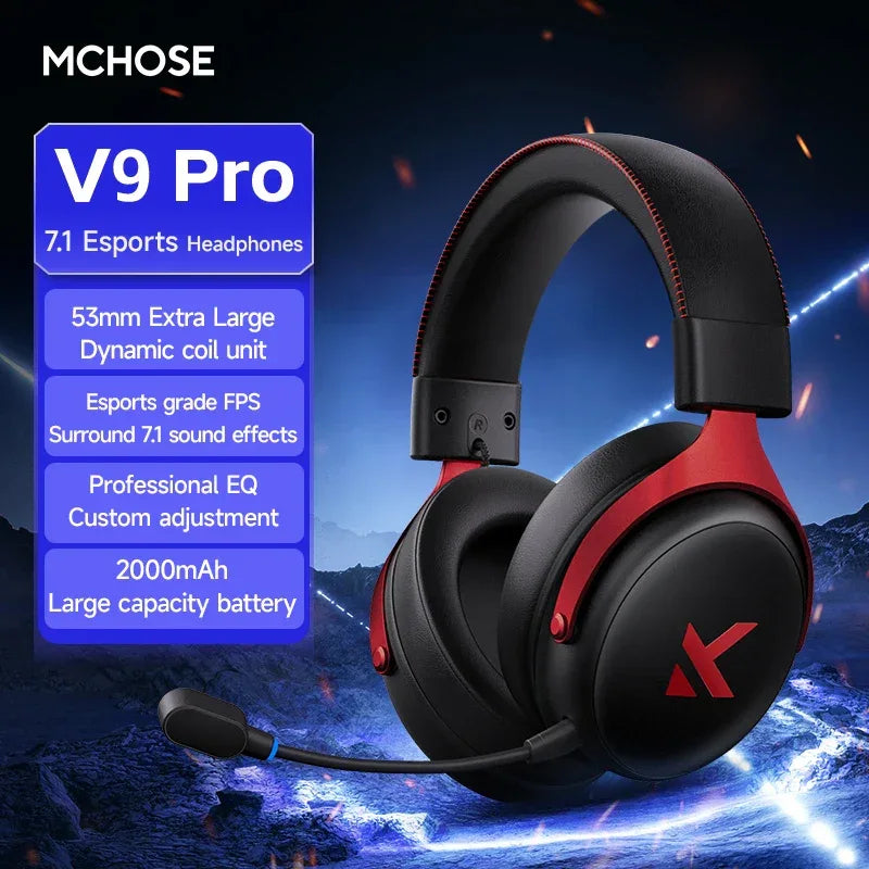 MCHOSE Wireless Gaming Headset Surround Sound Noise Canceling Tidesmit V9 Pro Black Red Tidesmit