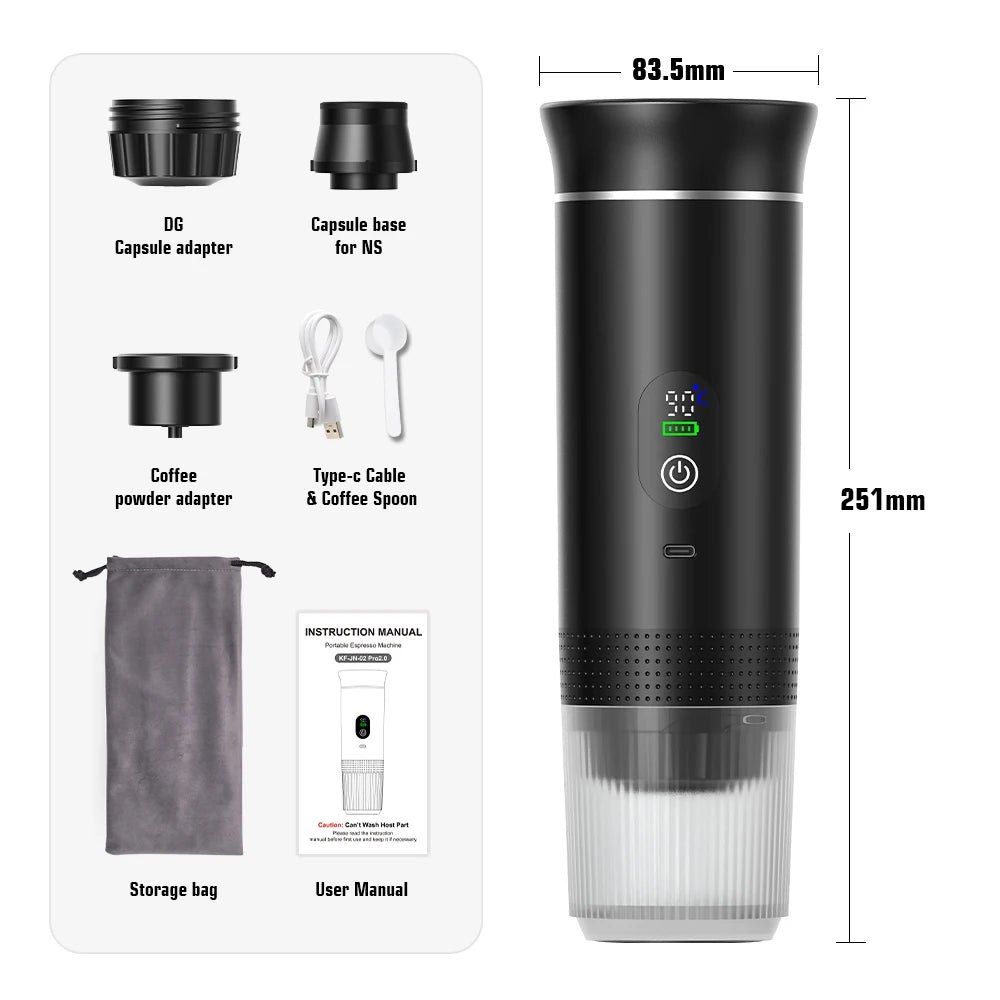 Portable black espresso machine with adapters, storage bag, and dimensions of 251mm by 83.5mm.