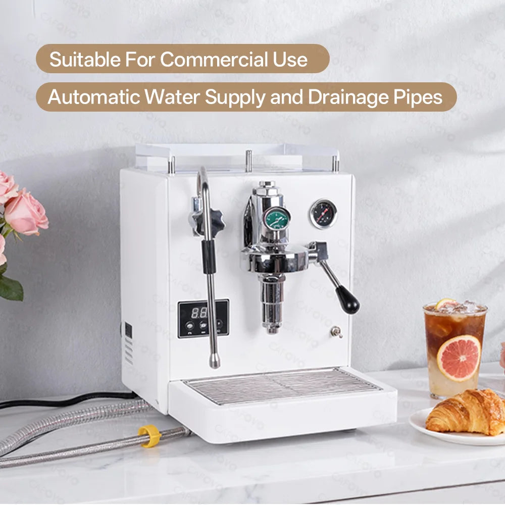 Cafoyo white commercial espresso machine with chrome group head, pressure gauge, and automatic water drainage pipes.