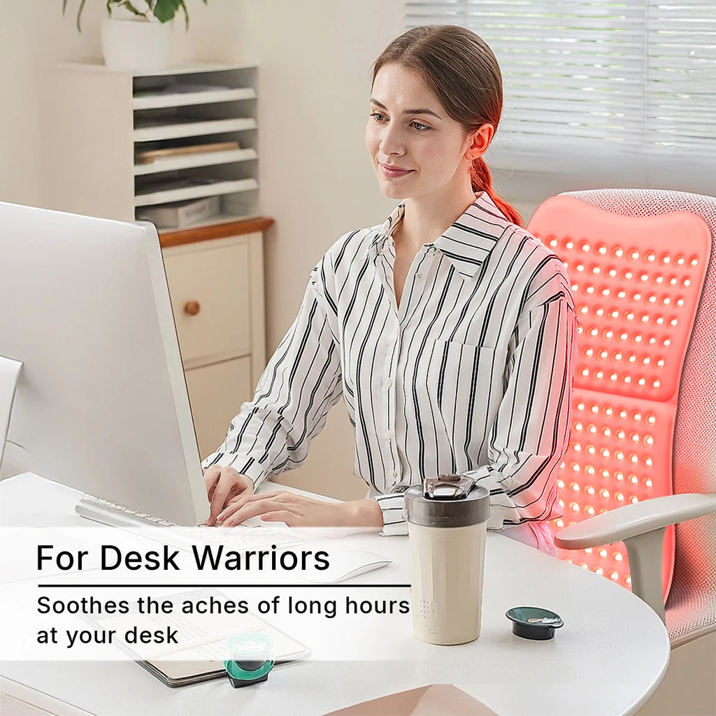 Hello Face L7 red light therapy pad with 792 LED chips strapped to an office chair for back pain relief.