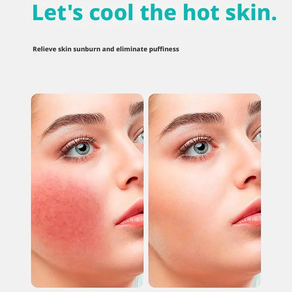 Before and after comparison of a person's face showing reduced skin redness and puffiness from a cooling treatment.