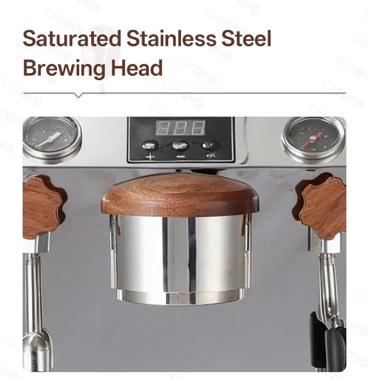 Cafovo stainless steel espresso machine featuring a saturated brewing head, digital display, and wood-accented knobs.