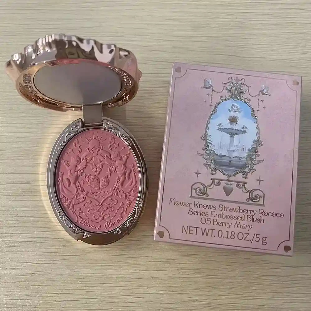 Tidesmit Flower Knows Strawberry Rococo embossed blush texture close-up for long-lasting smooth face makeup