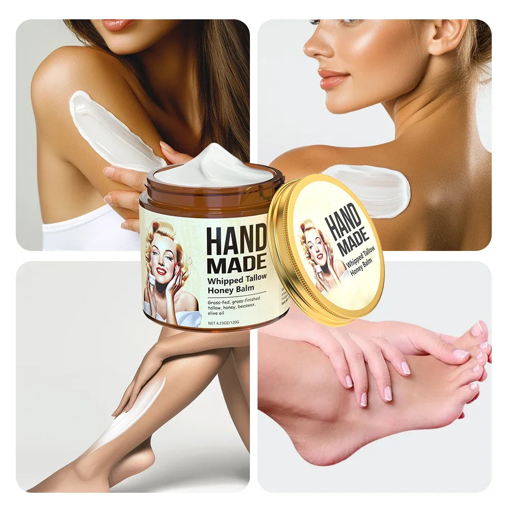 ENVISHA whipped tallow honey face and body cream in glass jar, nourishing firming balm for soft, hydrated skin.