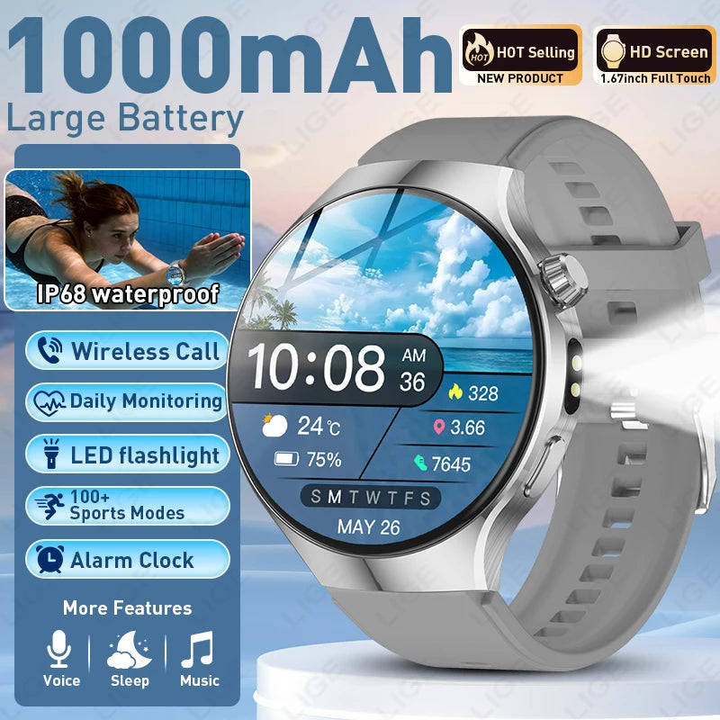LIGE New 1000mAh Battery Smart Watch Health Monitor Bluetooth Call LED Flashlight Sports Tracker Smart Bracelet For Android ios